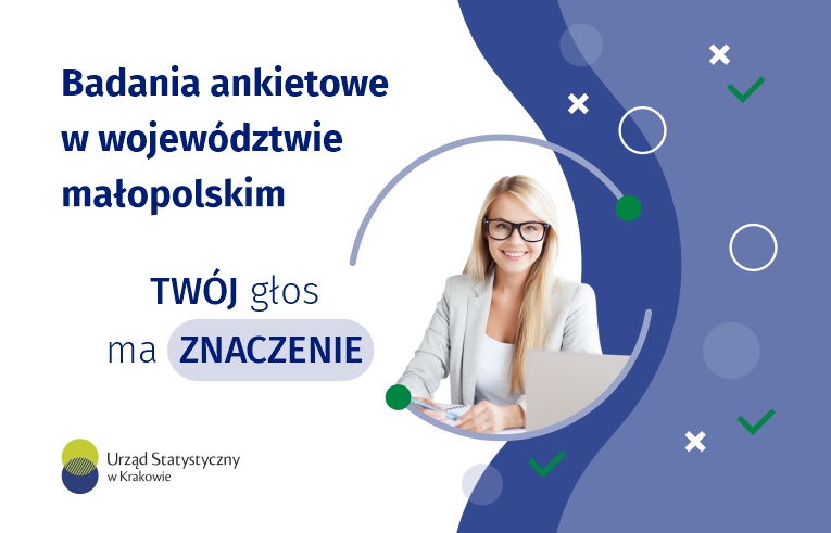 grafika przedstawia Panią w białej marynarce oraz napis Badania ankietowe w województwie małopolskim
