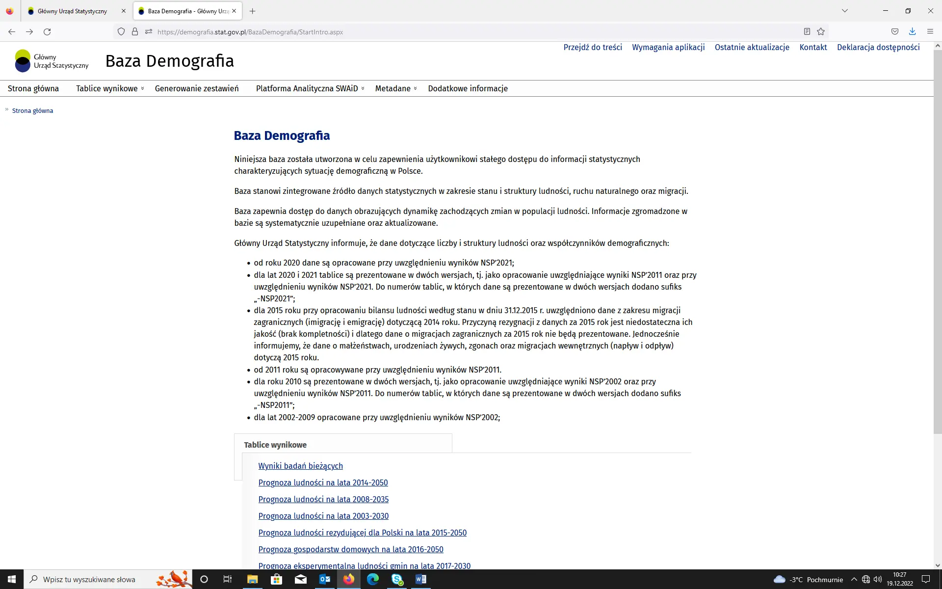 A screenshot of the Demography Database interface showing the data selection panel for population structure and natural change