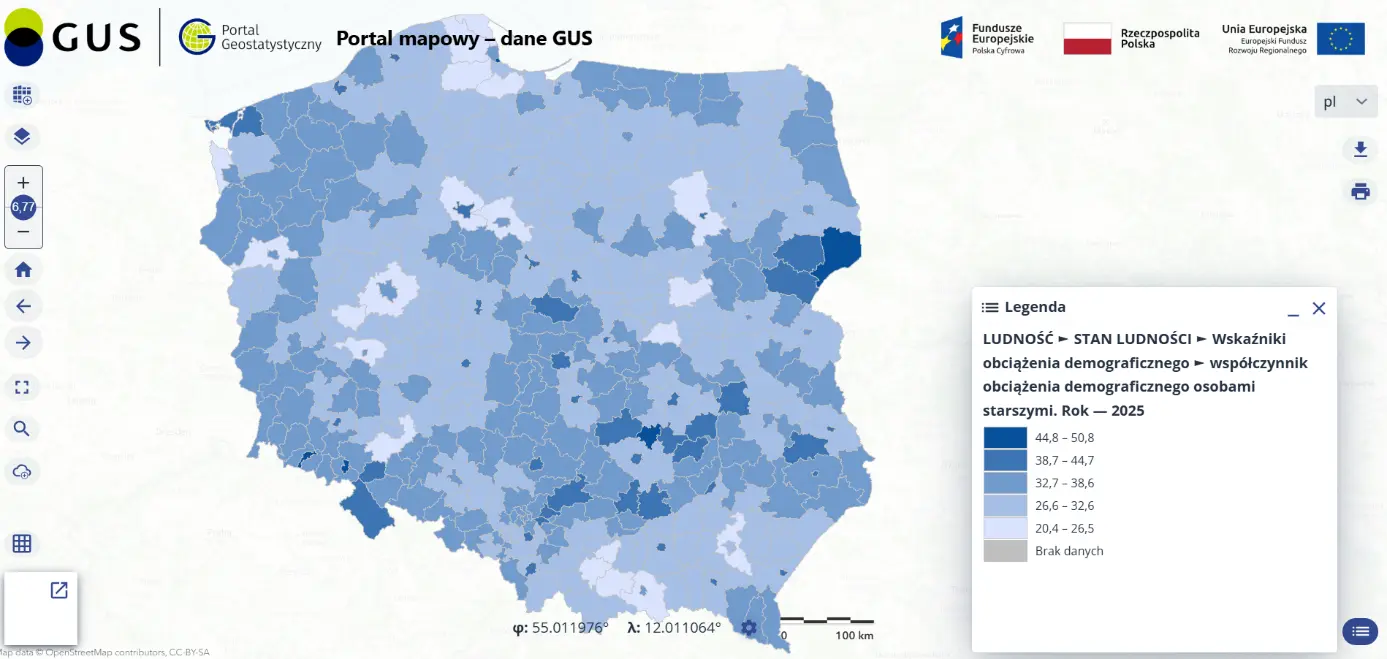 A screenshot of the Geostatistical Portal showing an interactive map of Poland with data visualised as a colour-coded cartogram.